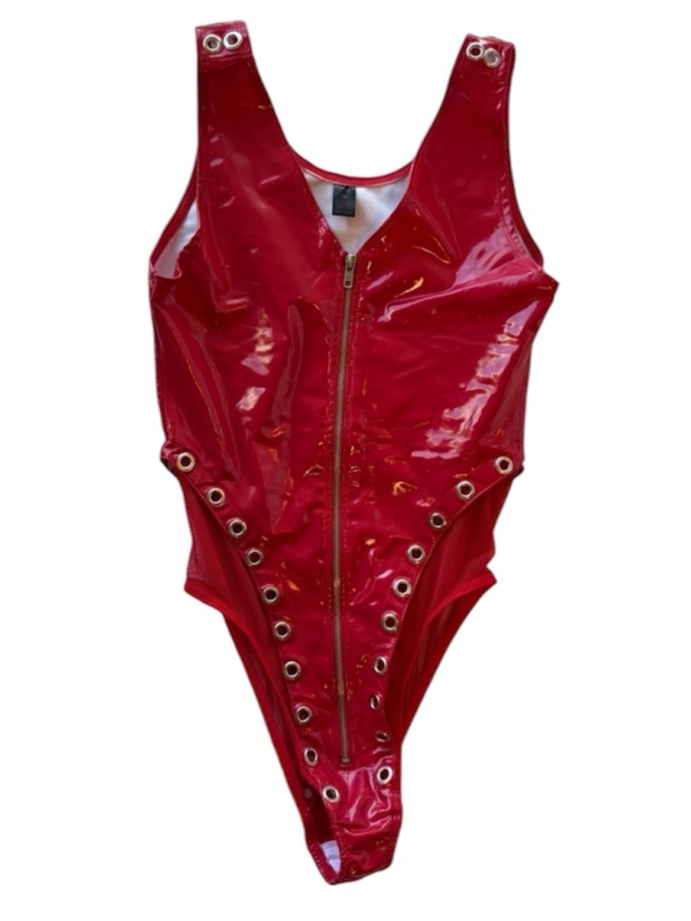 Frederick’s of Hollywood Red PVC Grommet Zip Bodysuit Teddy Lingerie